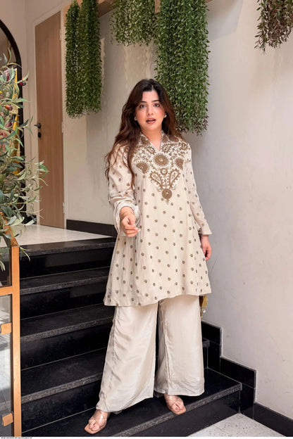 Ivory Gold Embroidered Glass Silk Kurti Palazzo Set