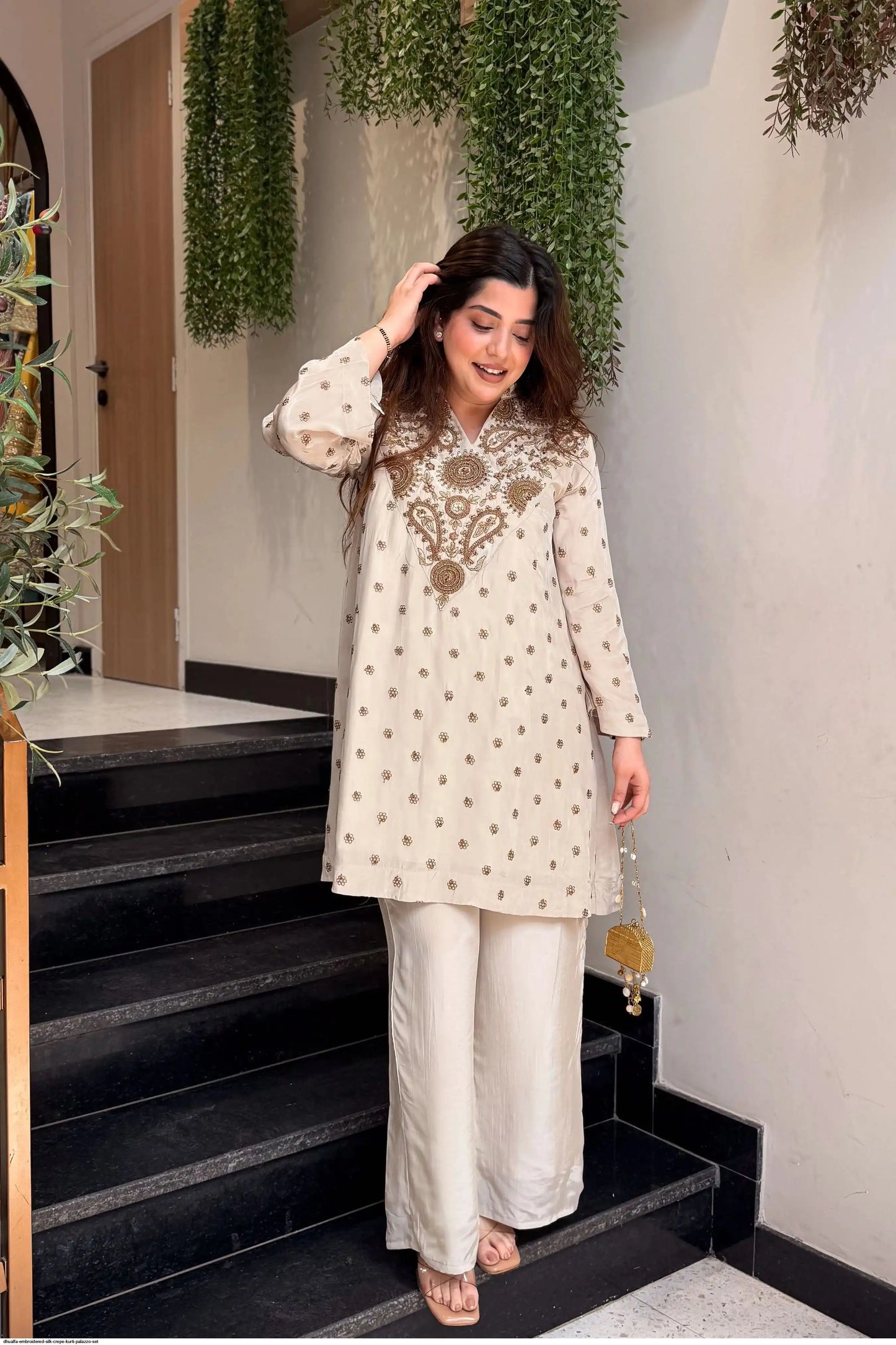 Ivory Gold Embroidered Glass Silk Kurti Palazzo Set