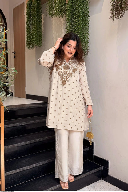 Ivory Gold Embroidered Glass Silk Kurti Palazzo Set