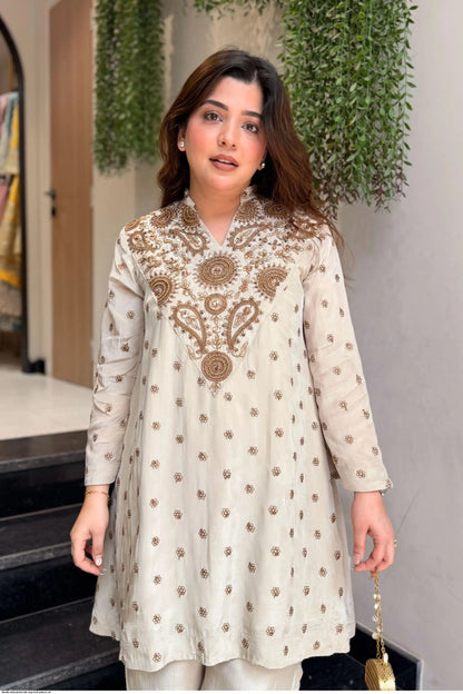Ivory Gold Embroidered Glass Silk Kurti Palazzo Set