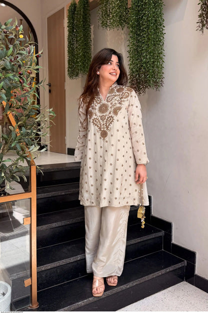 Ivory Gold Embroidered Glass Silk Kurti Palazzo Set