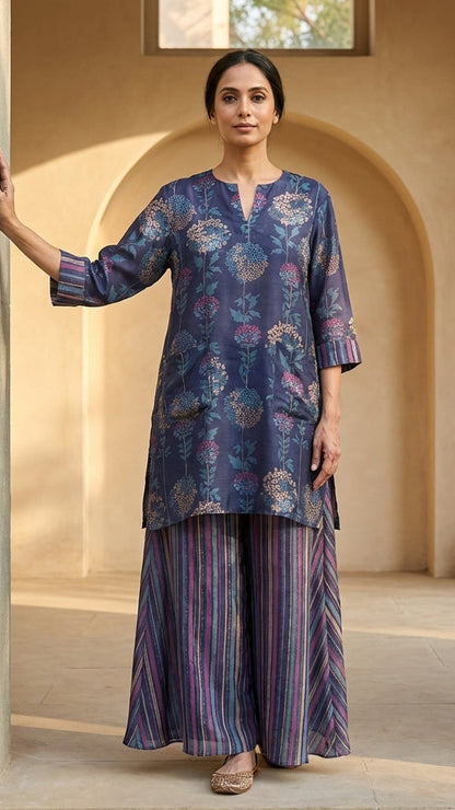 Indigo Printed Satin Co-Ord Set