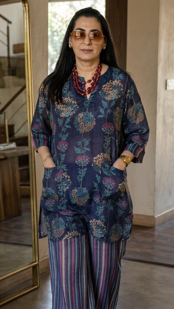 Woman in a patterned outfit standing in a room with a mirror and staircase.