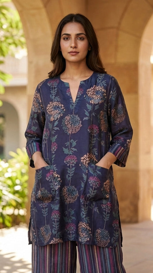 Woman wearing a blue floral dress with striped pants in an outdoor setting