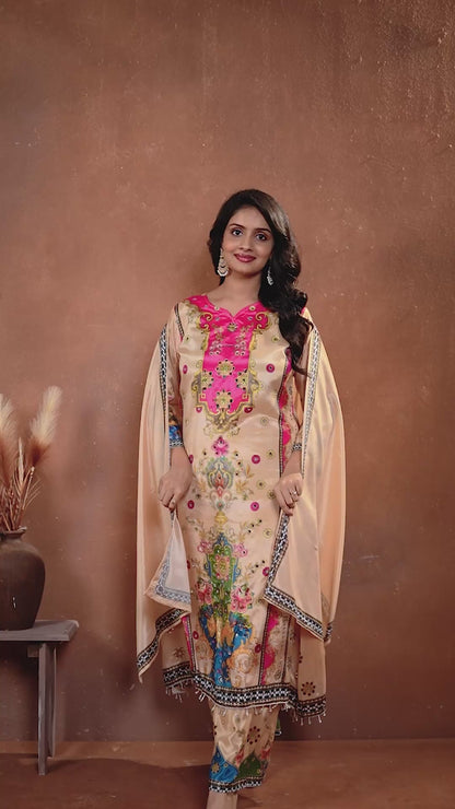 Elegant Beige Suit Set with Mirror Handwork & Digital Prints