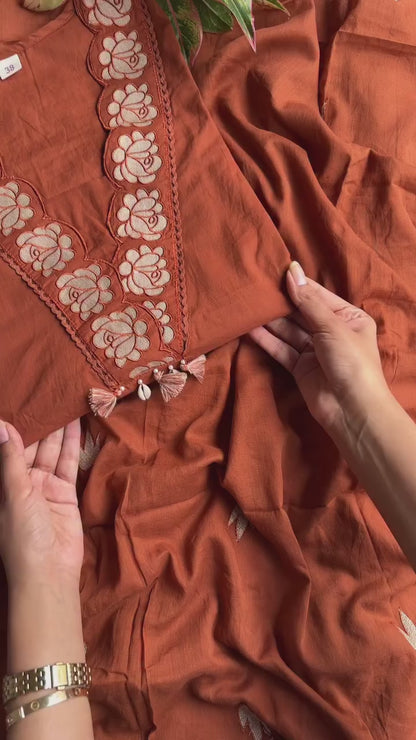 Rust Orange Embroidered Pure Cotton Kurta and Pant Set with Dupatta