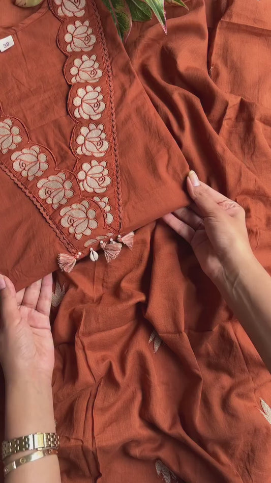 Rust Orange Embroidered Pure Cotton Kurta and Pant Set with Dupatta