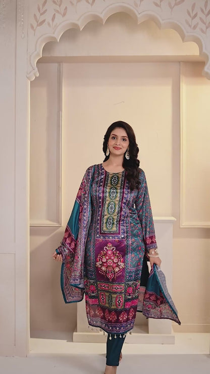 Green Printed Chinon Salwar Suit & Dupatta Set