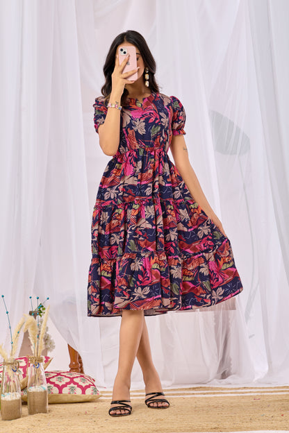 Elvara Deep Blue Blossom Rayon-Cotton Dress Set
