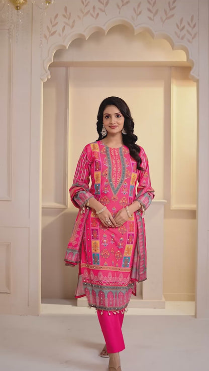 Rani Printed Maslin-Roman Silk Kurti & Dupatta Set